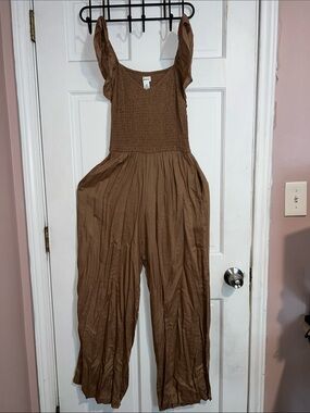 Brown Smocked Bodice Wide-Leg Jumpsuit